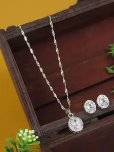 I Jewels Silve-Plated Cubic Zirconia Stones Studded Chain And Earrings