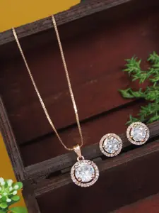 I Jewels Rose-Gold Plated Cubic Zirconia Stones Studded Necklace And Earrings