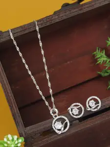 I Jewels Silver-Plated Cubic Zirconia Stones Studded Necklace And Earrings