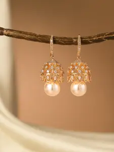 Peora Gold-Plated Cubic Zirconia Studded Contemporary Drop Earrings