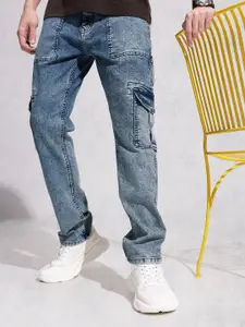 WROGN Men Relaxed Cargo Fit Mid-Rise Heavy Fade Stretchable Jeans