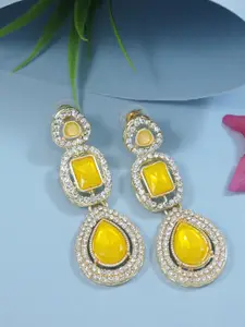 I Jewels Gold-Plated Artificial Stones Studded Teardrop Shaped Drop Earrings