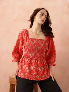 all about you Floral Print Puff Sleeve Peplum Top