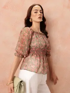 all about you Floral Print Off-Shoulder Puff Sleeve Georgette Top