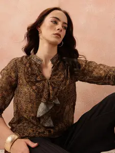 all about you Animal Print Mandarin Collar Ruffles Georgette Shirt Style Top