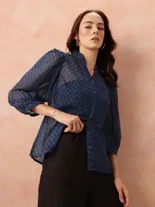 all about you Geometric Print Mandarin Collar Puff Sleeve Georgette Shirt Style Top