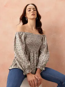 all about you Floral Print Off-Shoulder Puff Sleeve Bardot Top