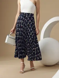 Chemistry Printed Accordion Pleated Crepe Flared Midi Skirt