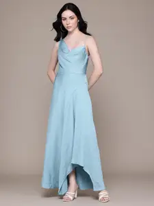 MANGO Textured Cowl Neck Asymmetric Satin-Finish Party Fit & Flare Maxi Dress