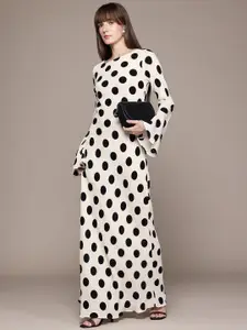 MANGO Polka Dots Print Boat Neck Bell Sleeves Maxi Slip-on Sheath Dress