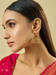 Kushal's Fashion Jewellery Gold-Plated Dome Shaped Stone Studded & Beaded Antique Jhumkas