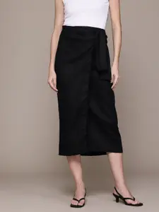 MANGO Mid-Rise Belted Detail Pure Linen Midi Wrap Skirt