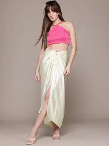 MANGO Mid-Rise Satin Finish Knot Detail Asymmetric Hem Maxi Straight Skirt with Front Slit