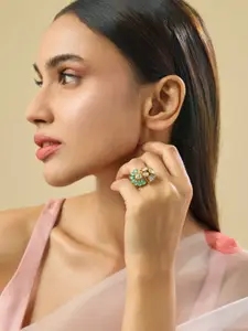 Kushal's Fashion Jewellery Embellished Bridal Victorian-Plated Kundan Studded Finger Ring