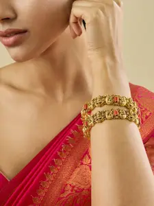 Kushal's Fashion Jewellery Set Of 2 Gold-Plated Coral Ethnic Antique Bangles