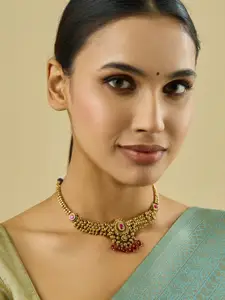Kushal's Fashion Jewellery Copper Gold-Plated Stone Studded & Beaded Antique Necklace