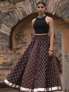 KALINI Printed Cotton A-Line Flared Maxi Skirt