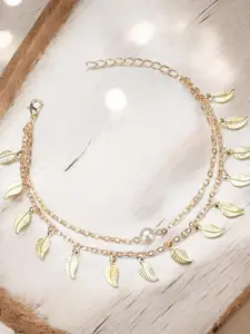 DressBerry Gold-Plated Leaf Design Multi Layer Pearls Beaded Anklet