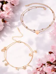 DressBerry Set of 2 Gold-Plated Multi Layer Butterfly & Heart Shaped Anklets