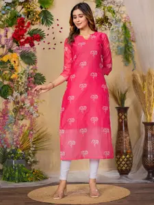 Sun Fashion And Lifestyle Floral Printed Notch Neck Chanderi Silk Straight Kurta