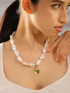 Rubans 18K Gold-Plated White Pearl Necklace with Heart Pendant - Premium Designer Jewelry