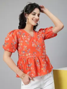 Style Quotient Floral Print Puff Sleeve Cotton Peplum Top