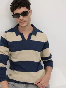 The Roadster Life Co. Striped Drop-Shoulder Sleeves Shirt Collar Pullover