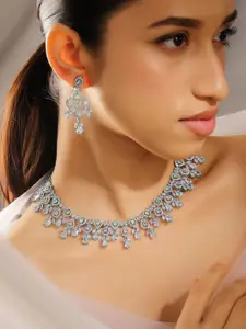 Rubans Rhodium-Plated Mint Green & White Cubic Zirconia Studded Premium Necklace Set