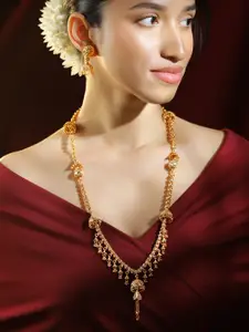 Rubans 22K Gold Plated Floral Design Golden Beaded Detailed Necklace & Earrings Set