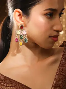 Rubans 22K Gold-Plated Multicolor Oval Stone & Cubic Zirconia Studded Chandelier Earrings