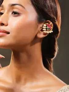 Rubans 22K Gold-Plated Ruby, Emerald & White Kundan Lotus Design Ear Cuff