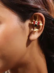 Rubans 22K Gold-Plated Ruby Pink & White Kundan Lotus Design Ear Cuff with Pearl Beads