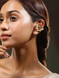 Rubans 22K Gold-Plated Ruby Pink, Emerald & Kundan Pearl Beads Lotus Design Ear Cuff