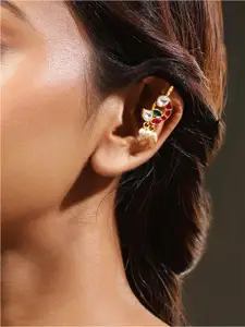 Rubans 22K Gold-Plated Ruby Pink Emerald & White Kundan Studded Ear Cuff