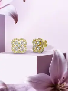 ANAYRA 925 Sterling Silver Gold-Plated Artificial Stone Studded Floral Shaped Studs