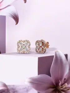 ANAYRA 925 Sterling Silver Rose Gold-Plated Artificial Stone Studded Floral Shaped Studs