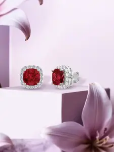 ANAYRA Sterling Silver Silver-Plated Artificial Stones Studded Square Shaped Studs