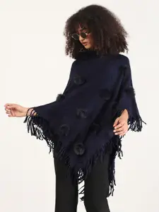 SHOWOFF Women Round Neck Longline Poncho with Fuzzy Detail