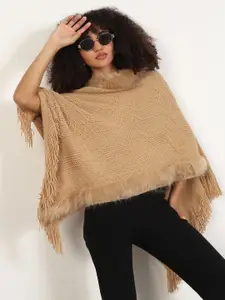 SHOWOFF Women Round Neck Long Sleeves Poncho With Fuzzy Detail