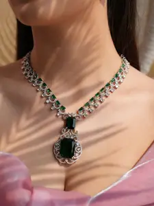 Binnis Wardrobe Silver Plated Emerald Studded Necklace With Earrings