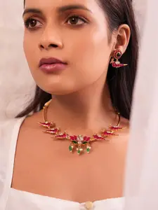 Binnis Wardrobe Gold Plated Kundan Studded & Beaded Bird Hasuli Necklace With Earrings