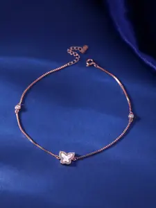 RACHIVA 925 Sterling Silver Stone Studded Rose Gold-Plated Butterfly Anklet