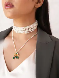Binnis Wardrobe Stone Studded & Beaded Choker and Crescent Pendant Necklace
