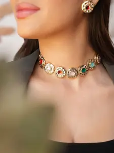 Binnis Wardrobe Gold Plated Kundan Studded Enamelled Necklace And Earrings