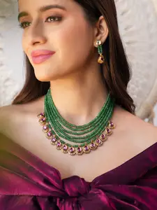 Binnis Wardrobe Gold Plated Kundan Studded & Pearl Beaded Necklace With Earrings