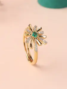 Ornate Jewels 925 Silver 18K Gold Plated Green Emerald Flower Adjustable Ring