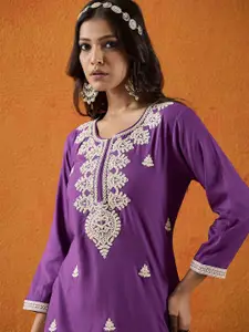 Indo Era Floral Embroidered Round Neck Thread Work Straight Kurta