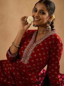 Indo Era Ethnic Motifs Printed Mirror Work Pure Cotton A-Line Kurta