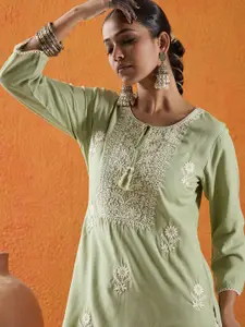 Indo Era Floral Embroidered Keyhole Neck Thread Work Straight Kurta