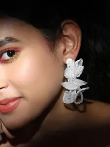 SOHI Silver-Plated Floral Shaped Artificial Beads Drop Earrings
